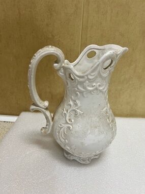 Vintage White Scroll Ceramic Pitcher Victorian Japanese Vase